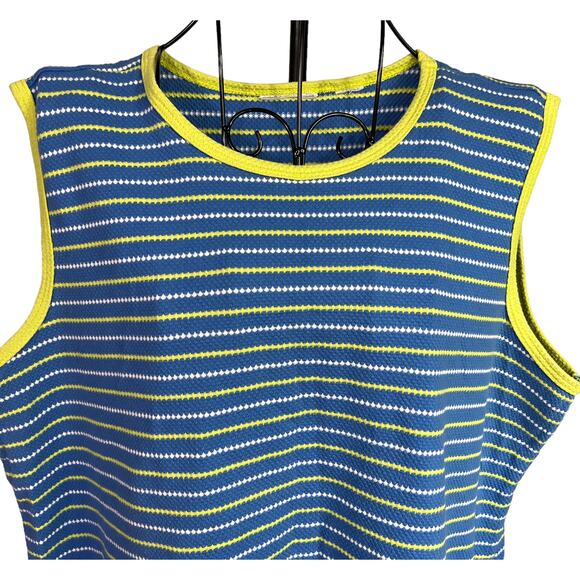 Ladies Blue Summer Knit Tank Top White & Yellow Stripes Contrasting Yellow Trim - Picture 5 of 13